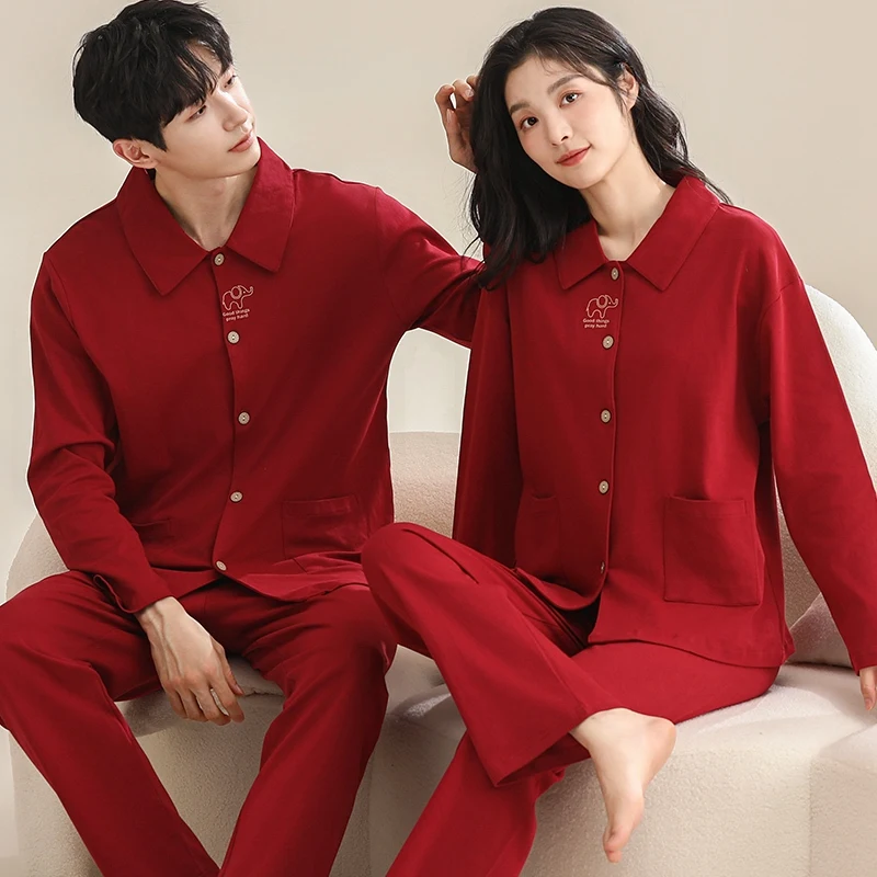 New Autumn Couple Plus Size Long Sleeve Cotton Pajama Sets for Women Red Wedding Celebration Sleepwear Men Homewear Home Clothes