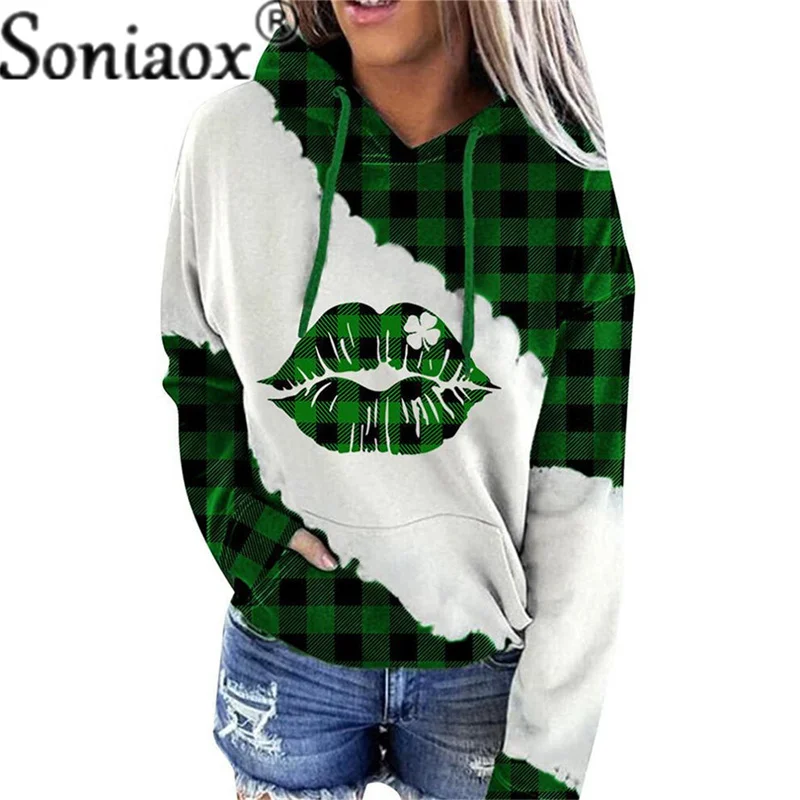 Autumn Green Splicing Hoodie Female Elegant 2022 Winter Warm Trefoil Long Sleeve Sweatshirt Women Cotton Loose Casual Thick Tops