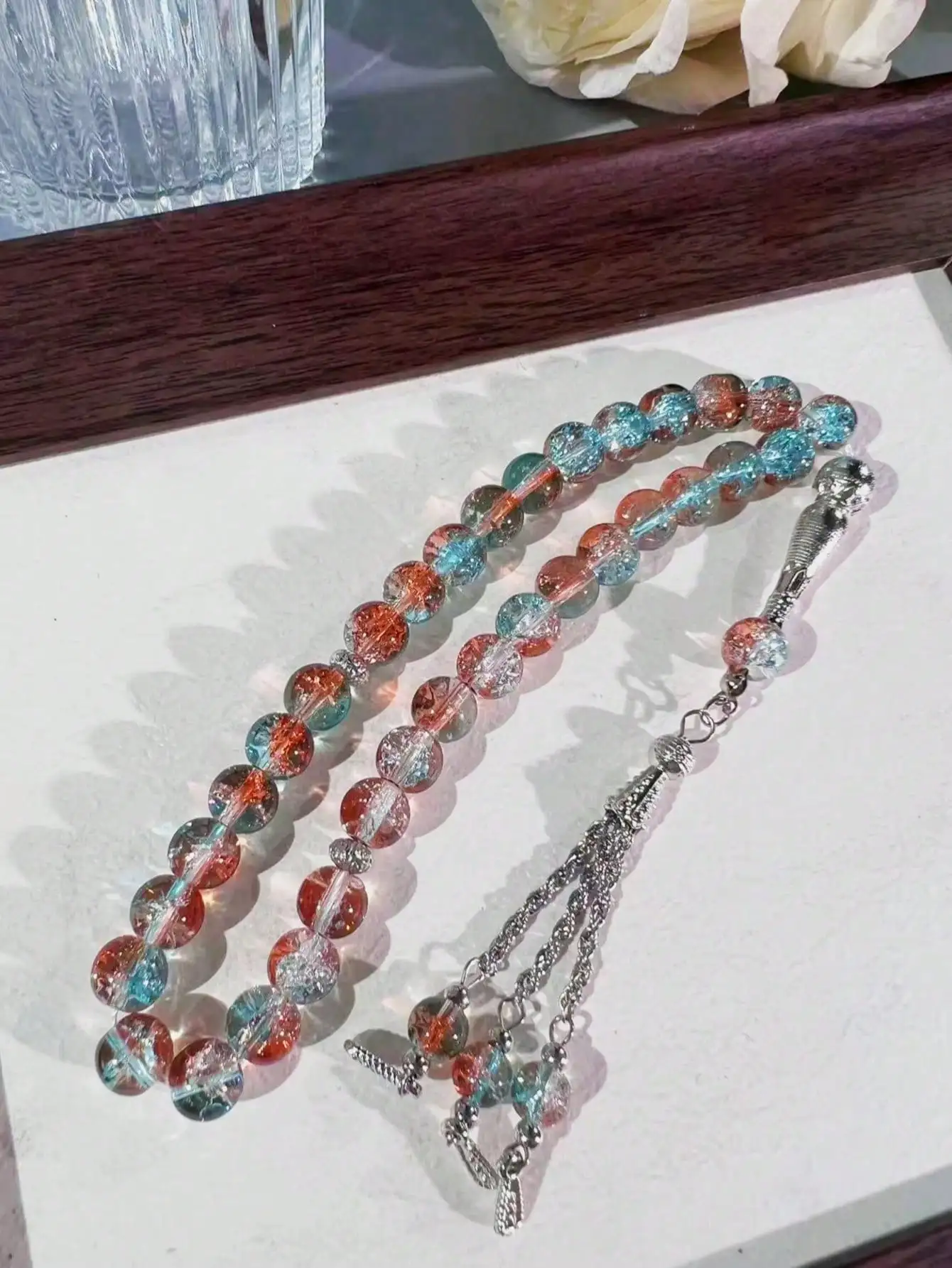 10mm 33Pcs Cracked Glass Muslim Prayer Beads Tasbih, Handmade Islamic Misbaha Rosary Bracelet with Exquisite Texture, Portable R