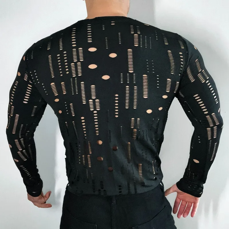 Original Early Autumn American Y2K Long Sleeve Men's T-Shirt Unique Design Hollow Fashion Trend Round Neck Top