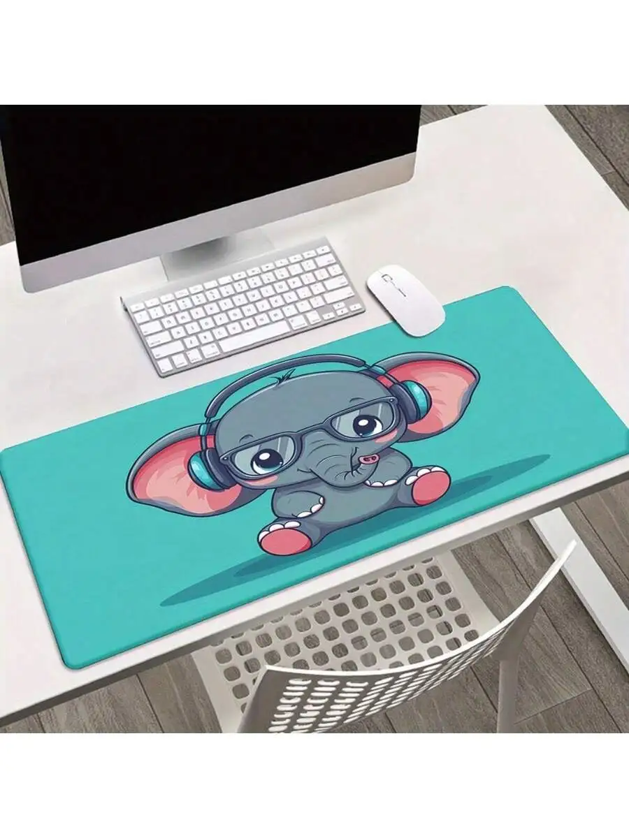 

Elephant Cartoon Gaming Mouse Pad Desk Mat Anti-Slip Rubber Base Teal Background Smooth Surface For PC Laptop Office