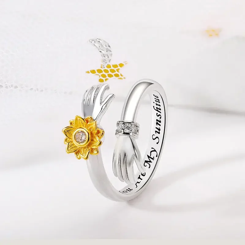 Border Popular Adjustable Sunflower Rotating Silver Ring Set Minimalist Chaem Diamonds Simple Forest Style Two Hand Embrace Ring