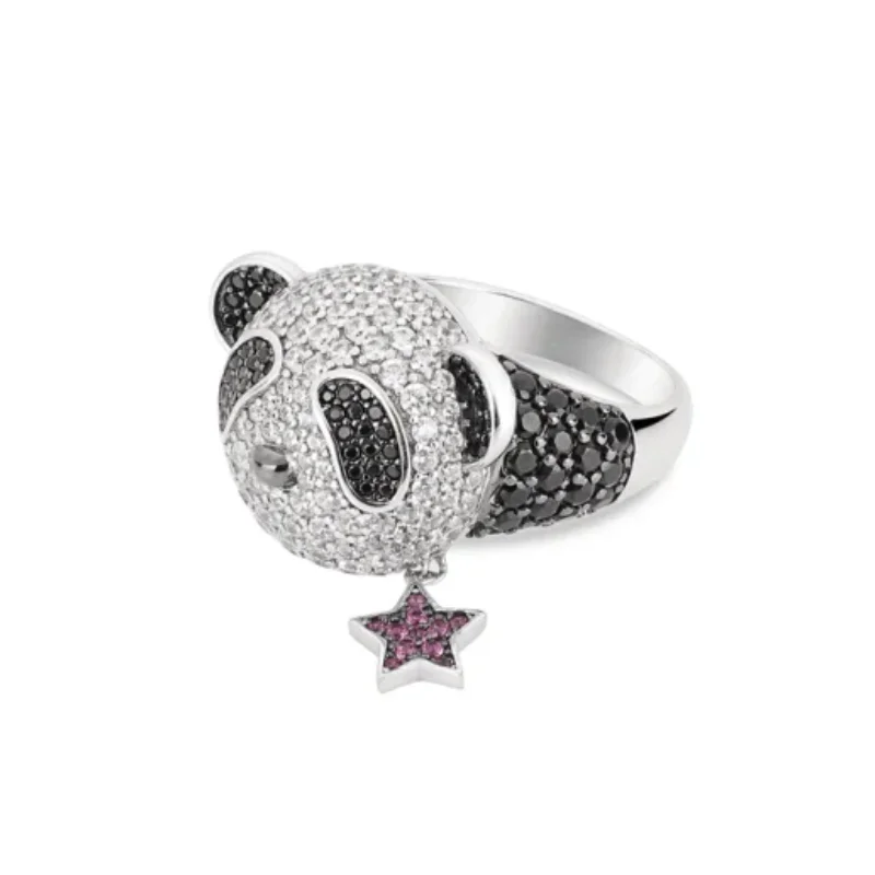Bellux Jewelry New Product Design 925 Silver Gold Plated Synthetic Zircon Full Diamond Star Panda Cute Ring