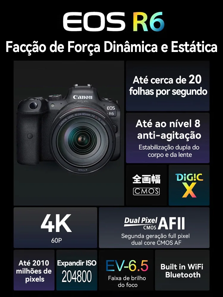 Câmera profissional sem espelho Canon-EOS R6, full-frame, emblante, à prova de shake, vídeo 4K, gravação em V, 20MP, 8 níveis