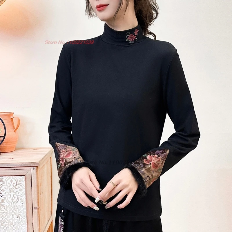 

Традиционная китайская футболка 2025 года, национальная цветочная вышивка, флисовая подкладка, народная рубашка, винтажная базовая рубашка в стиле ретро, улучшенные топы ханьфу