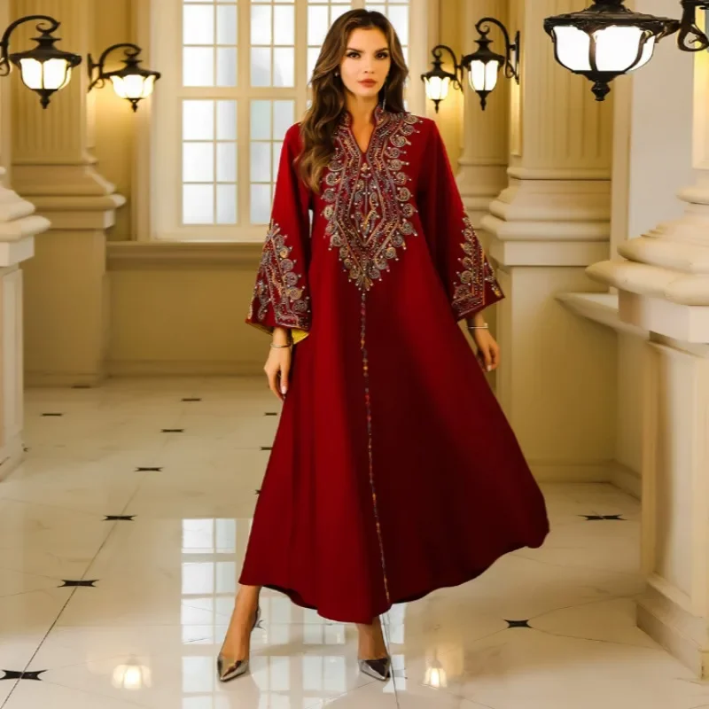 

Middle East Women's Robe Standing Neck Flared Sleeve Rope Embroidery Beaded Banquet Elegant Abaya Female Available Wholesale