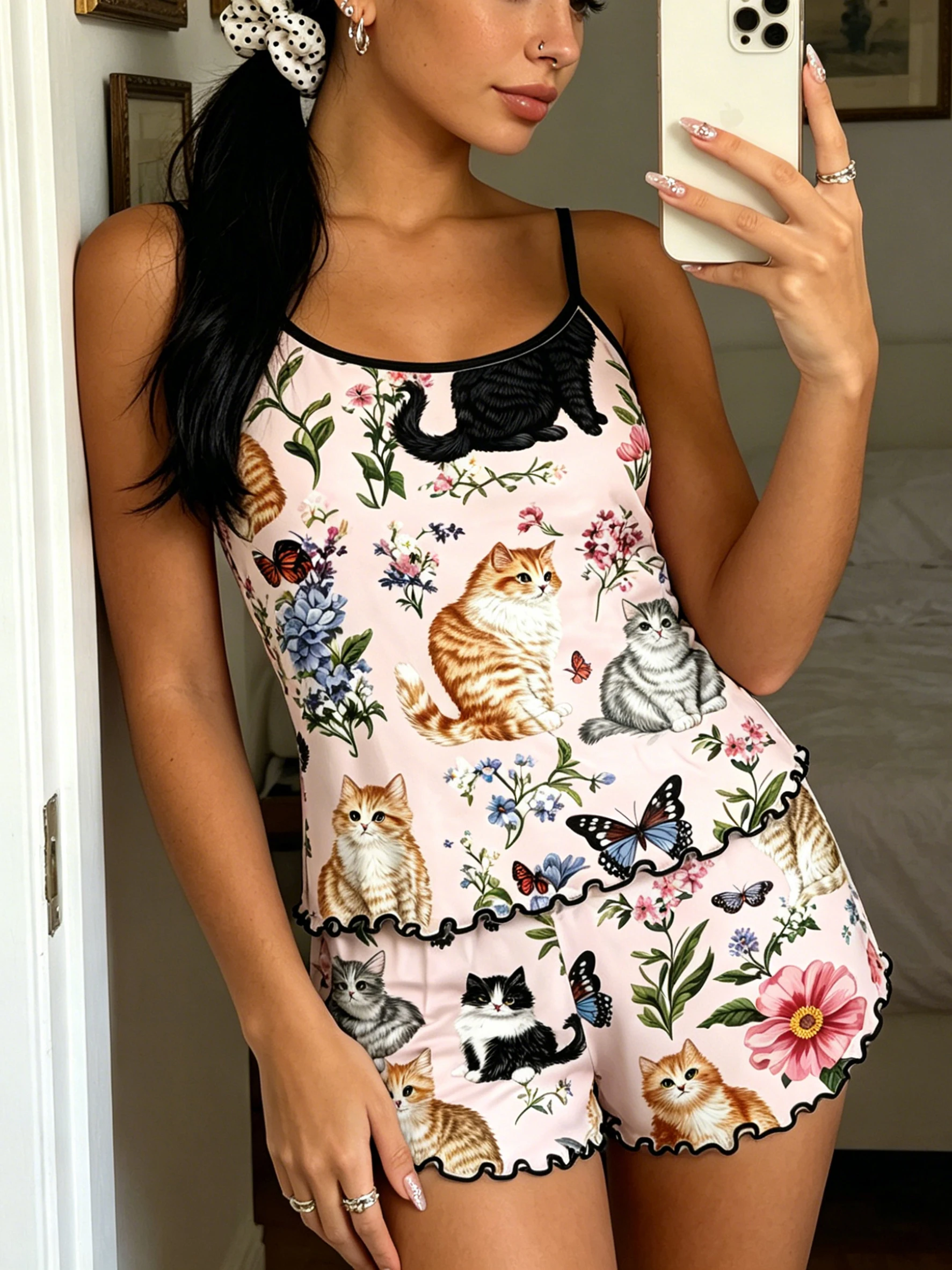 Conjunto de Pijama para Mujer con Volantes, Tirantes Finos, Cuello Redondo, Camiseta sin Mangas y Pantalones Cortos, Estampado Estético de Gatos y Flores para Primavera, Verano y Otoño