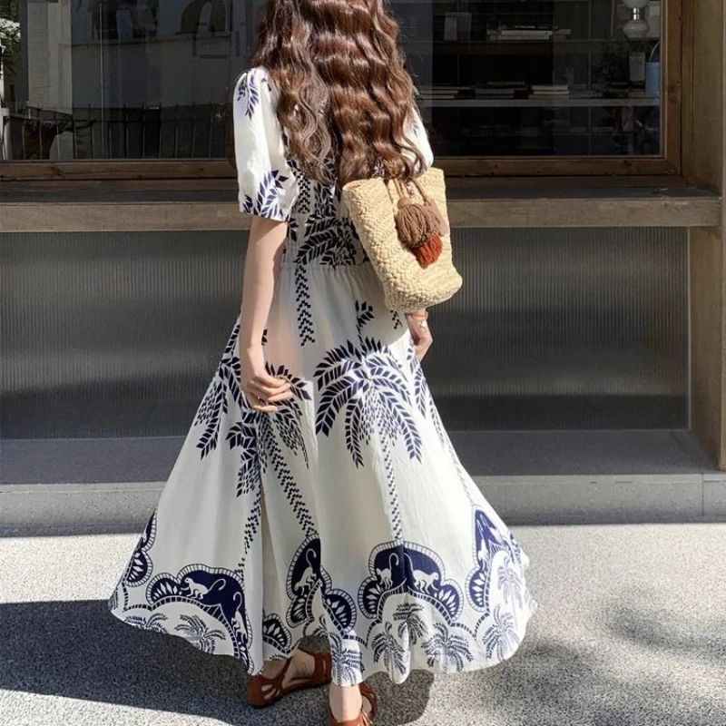 2025年夏新作 レディース ロングワンピース ゆったり カジュアル ボヘミアン風 リゾート風 プリントワンピース