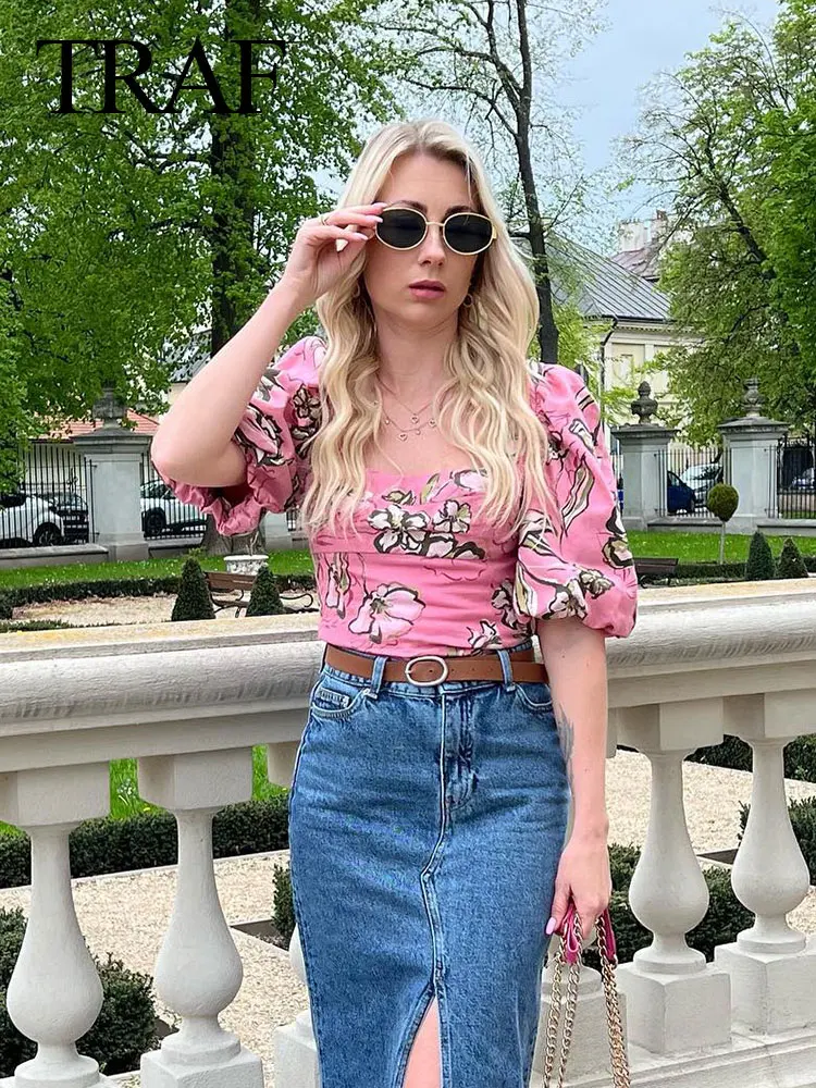 TRAF Woman New Fashion Summer Chic Tops Pink Print Square Collar Lantern Sleeve Folds Decorate Pullover Female High Street Shirt