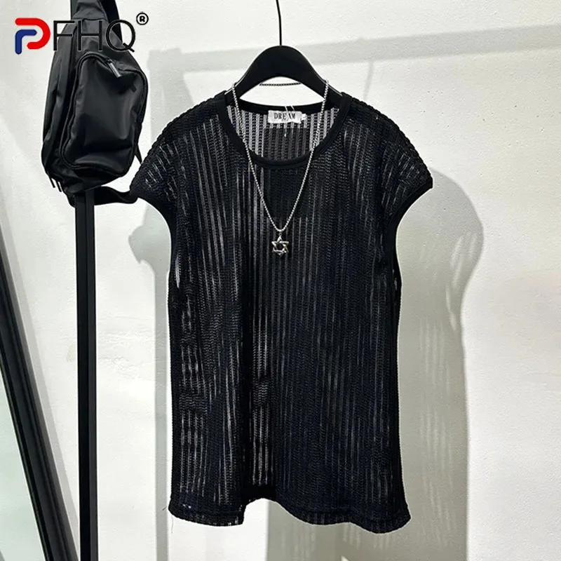 

PFHQ Summer Trendy Niche Darkwear Hollowed Out Loose Knit Vest Solid Color Round Neck Korea Fashion Male Tops 21Z5188