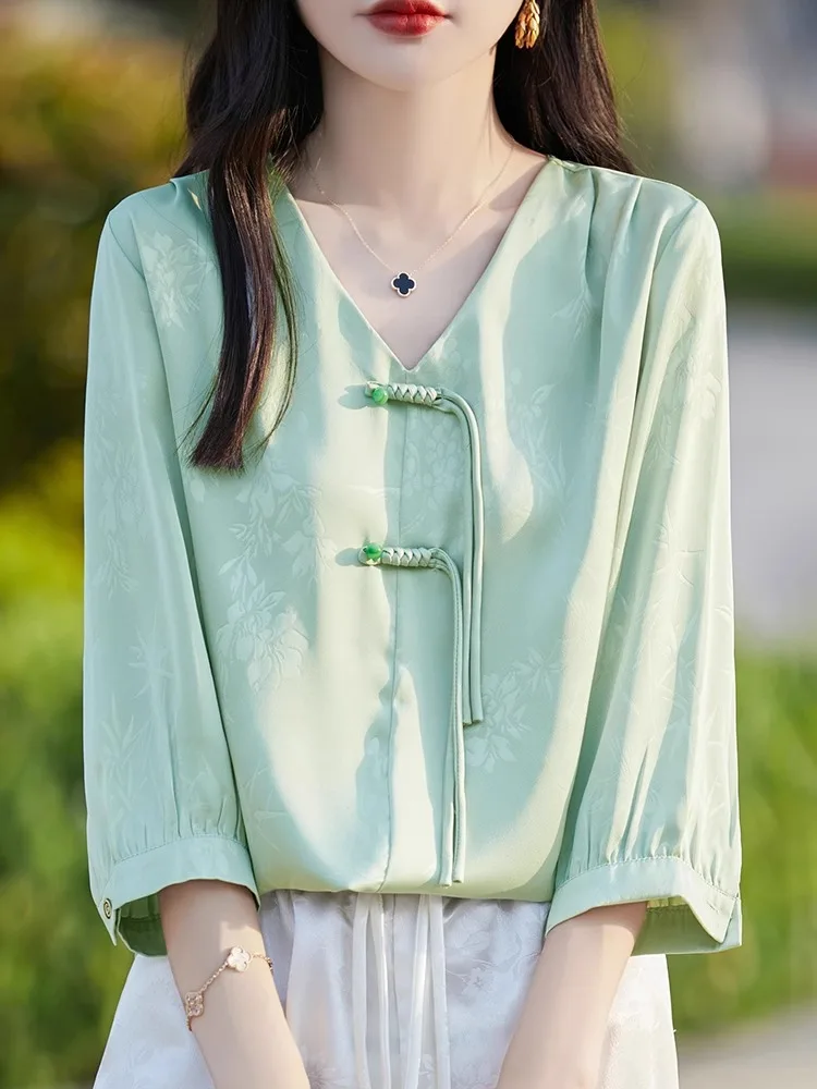 Ele ort Sve Women's Top Silk Tussah Embroidery Button  Haute Couture Summer Fine Chinese Sle V-ne T-irt