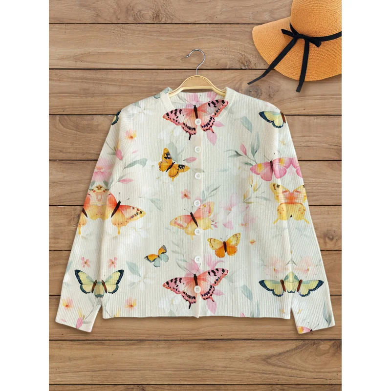 

Cartoon Butterfly Print Girls' Sweater Cardigan Warm High-Quality Round Neck Long Sleeve Button Autumn Winter Casual Daily