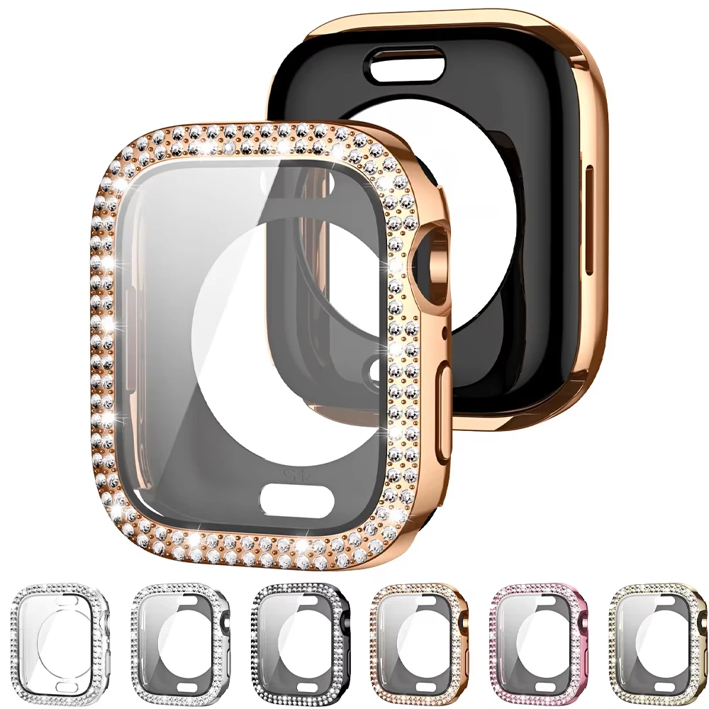 

Bling Glass + чехол для Apple Watch Case 49 мм 46 42 45 41 40 44 мм с бриллиантовым бампером + защитная пленка для экрана Iwatch Series 11 10 9 8 7 6 5 SE