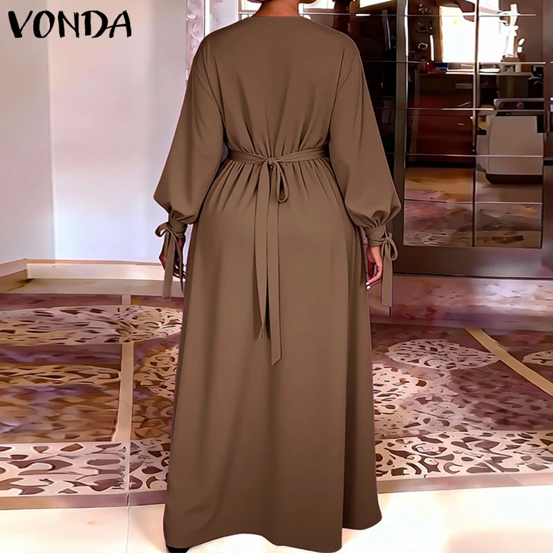 

VONDA Plus Size Women Elegant Long Sleeve Maxi Dresses 2026 Spring Fashion V-Neck Casual Solid Bandage Vestidos Party Robe 5XL