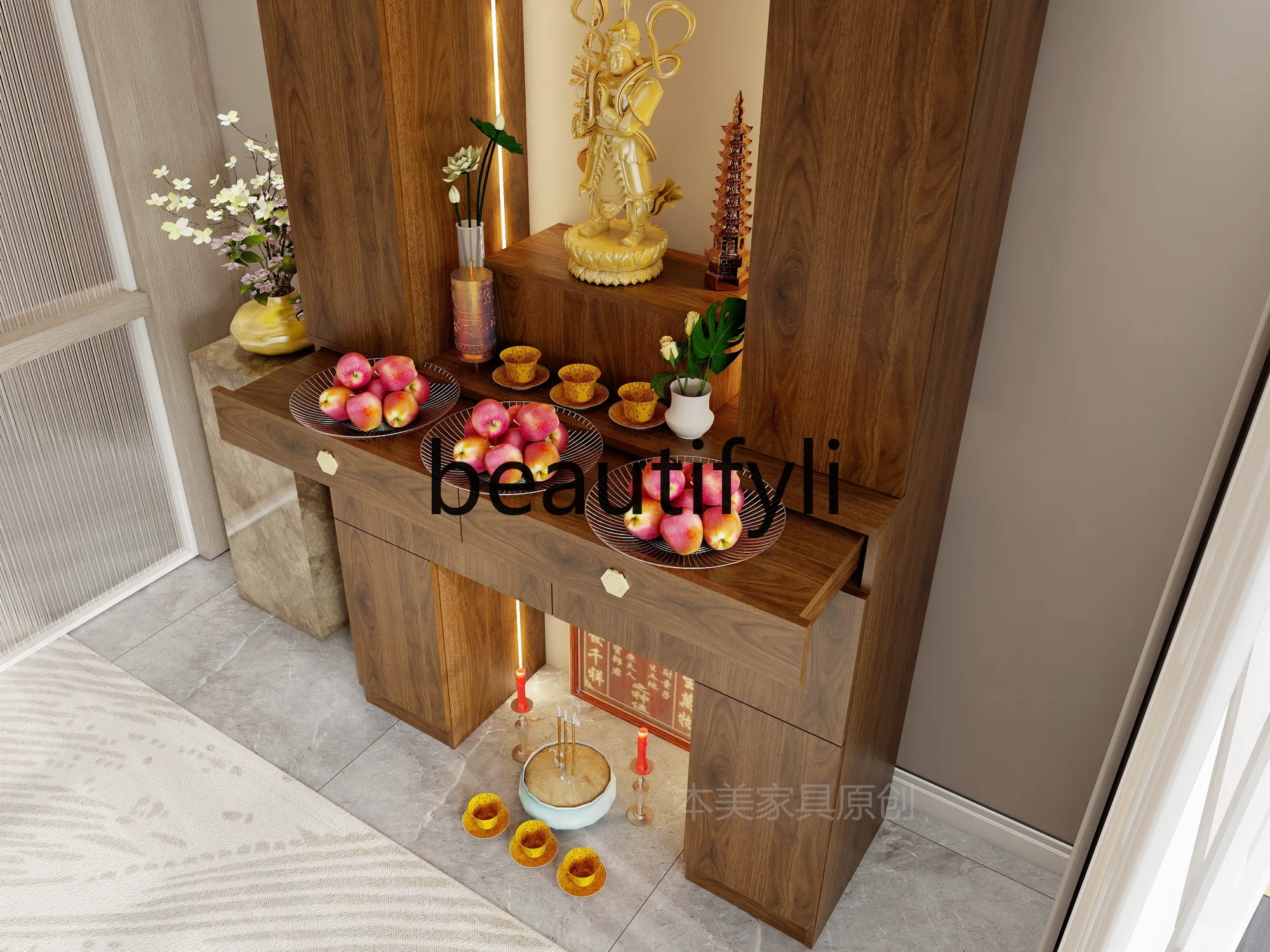 طاولة تقديم إله الثروة، مقعد الله، سلف الخزانة، تقديم مزار منزلي بسيط، قوانيين حديث، طراز المنزل التبتي #3