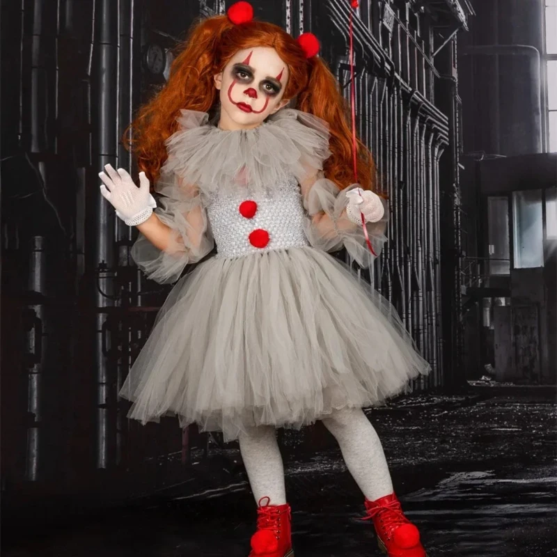 Gray Clown Tutu Dress for Girls Carnival Halloween Costume for Kids Girl Joker Cosplay Tulle Outfit Children Party Scary Clothes