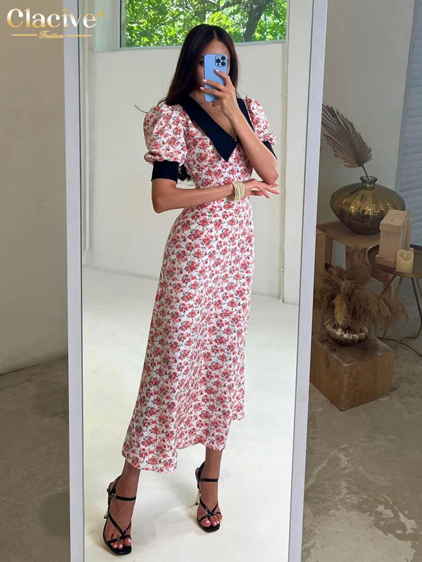 Clacive Summer Print Bodycon Dress Ladies Fashion Doll Collar Short Sleeve Midi Dress Elegant High Waist Dresses For Women 2023