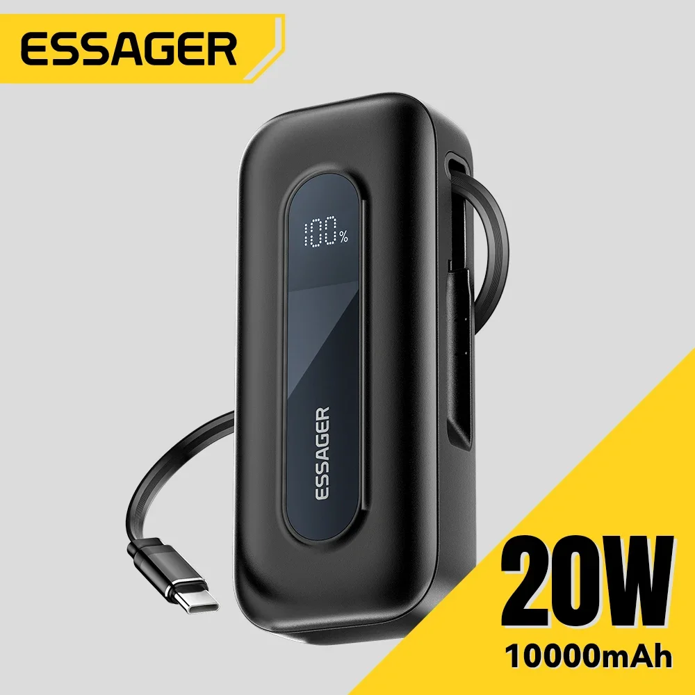 

Essager 10000mAh 20W LCD Digital Display Power Bank with Built-in Retractable Type-C Fast Charging for IPhone 16 15Pro IPad