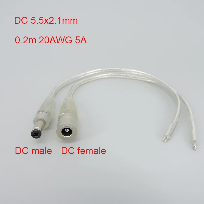 0.2m 20AWG 5A transparent DC Female Male Power Adapter Pigtail Cable 5.5x2.1mm 5v 12V Connector Extension Cord For LED Strip u