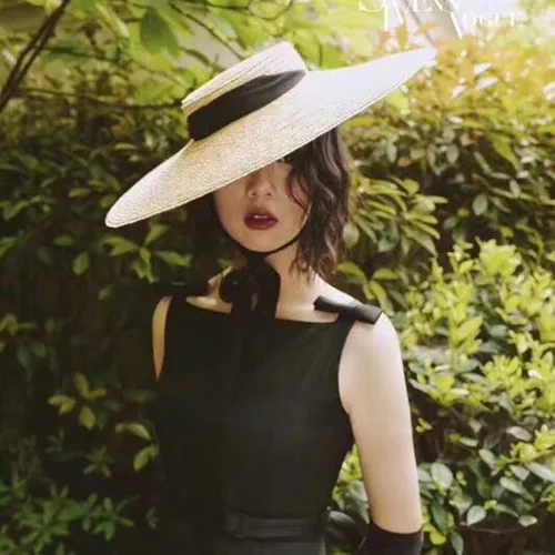 Imagen 2 del producto Sombreros grandes de paja Natural para mujer, visera de playa de ala ancha, elegante, plana, con cinta larga y cordones, Verano
