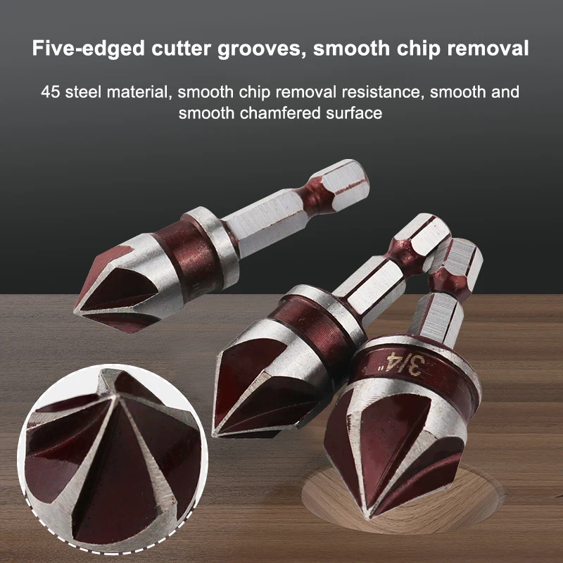 5개/세트 1/2" 1/4" 3/8" 3/4" 5/8" 카운터싱크 드릴 비트 육각 샹크 밀 커터 홀 커터 목재 금속 플라스틱 모따기 도구