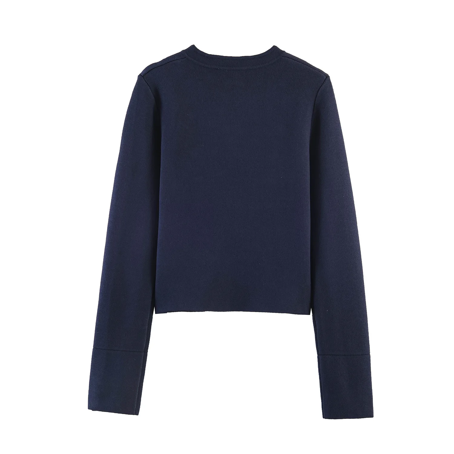 Navy Blue Knit Jacket Crew Neck Decorative Double Row Gold Metal Buttons Cuff Button Detail Slim Cropped Elegant Vintage Coat