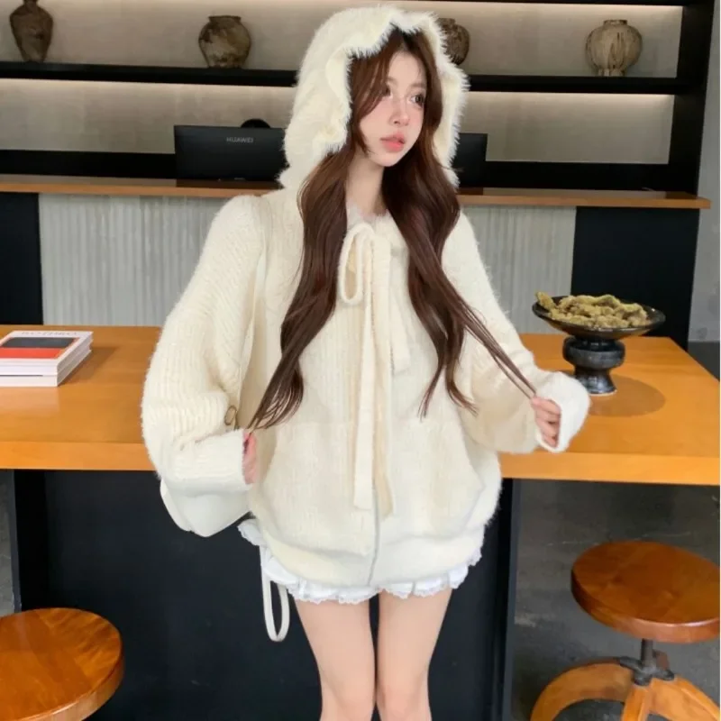 Sweet Hooded Knitwear Women Korean Lace Up Soft Glutinous Academy Fashion Gentle Solid Lazy Warm Winter Female Sweater Coat Top