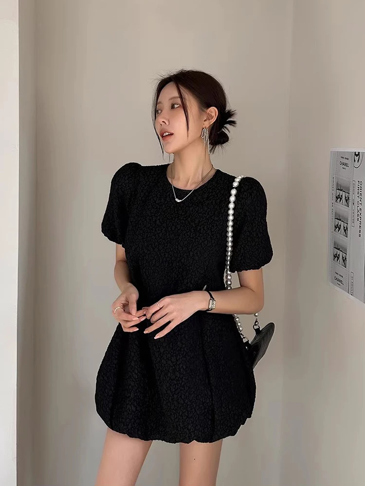 Chic Summer New Style Retro Texture Waist Cinching Slimming Bubble Sleeve Flower Bud Short Dress Midi Skirt Polyester Fiber