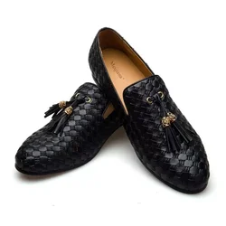 Heren Geweven Lederen Casual Schoenen Heren Trendy Kwastjes Feest Bruiloft Loafers Mocassins Heren Rijden Buiten Flats Plus Maat 39-47