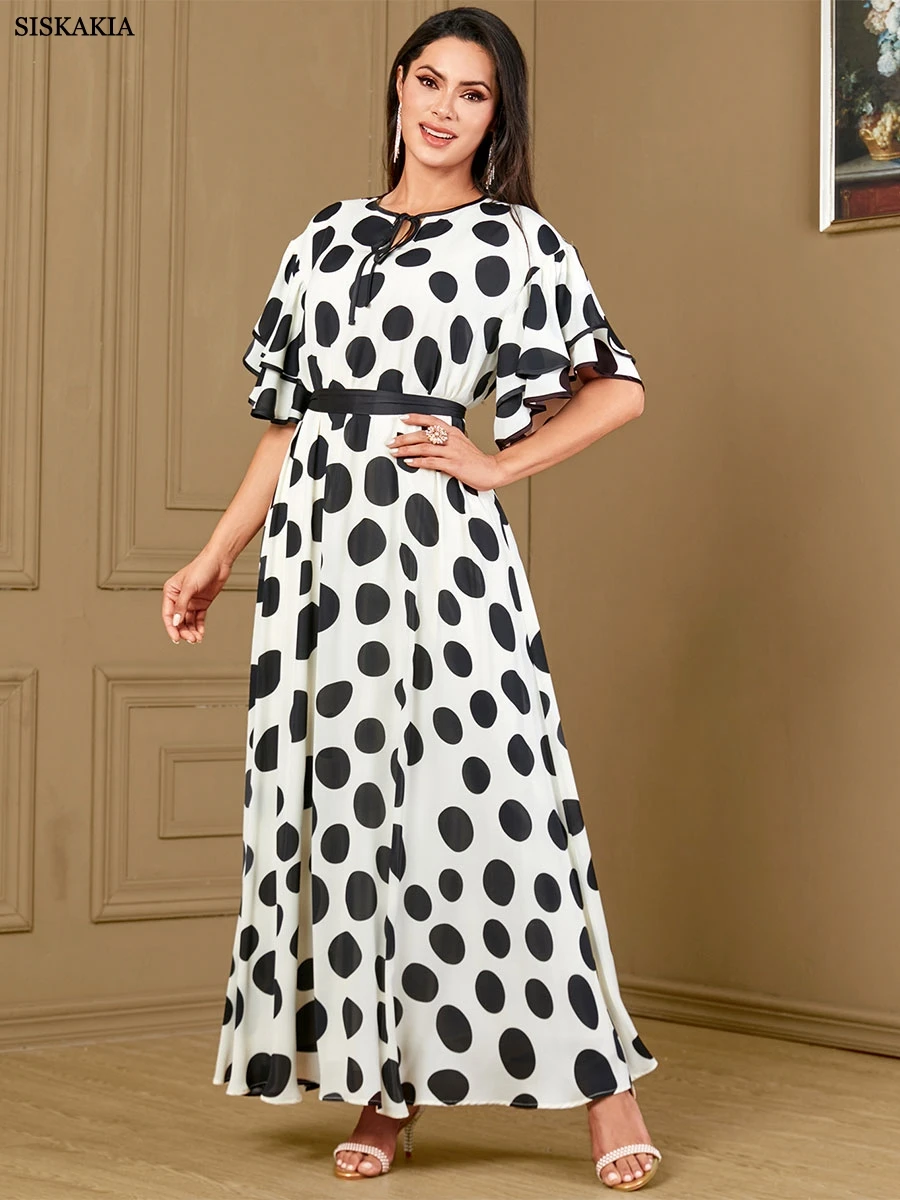 Sisikakia Fashion Polka Dot Ruffles Sleeve Long Dress With Belt For Arab Woman A-line Muslim Moroccan Elegant Casual Abayas 2024