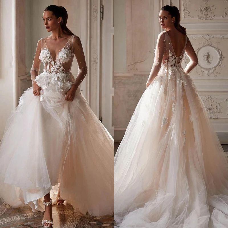 Robe de Mariée Élégante à Manches sulfet Col en V pour Patients, Tenue de Bal Personnalisée avec des Fleurs Appliquées en 3D