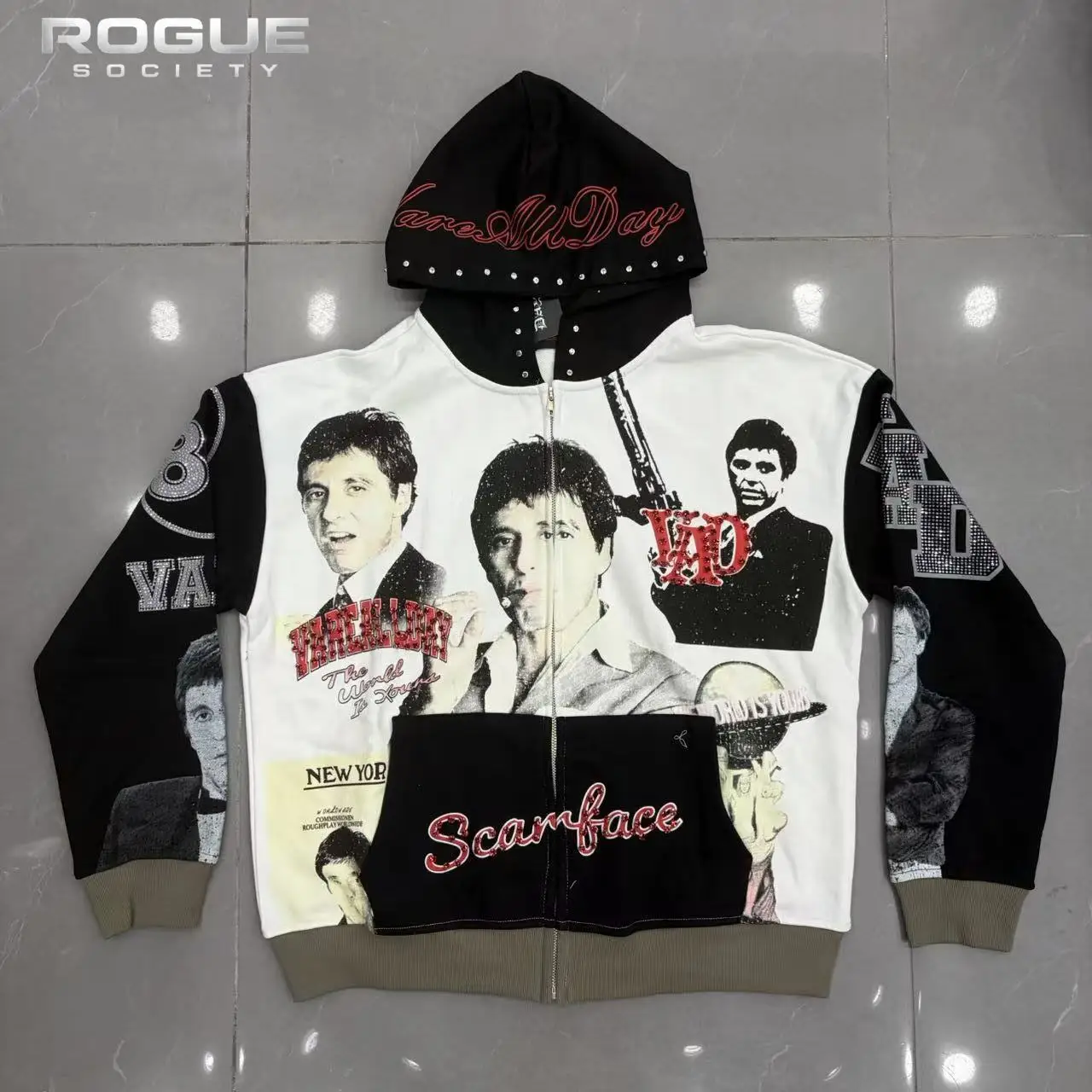 Men Y2k Streetwear Vintage Scarface Graphic Print Heavyweight Oversized Zip Up Hoodie with Rhinestone Studded Casual Daily Wear