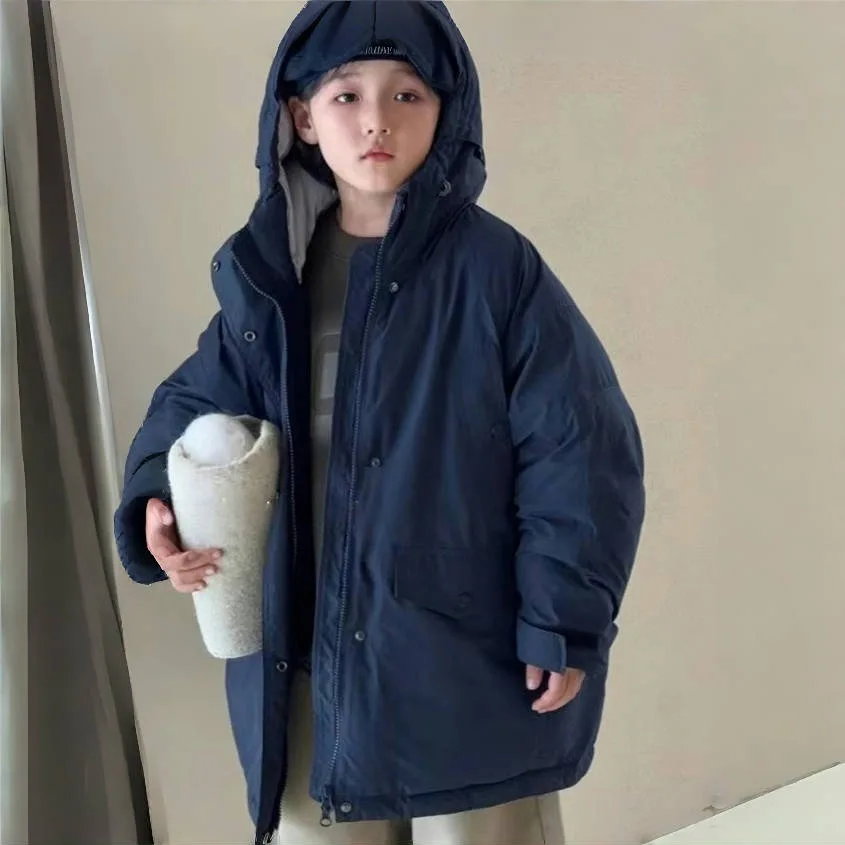 

2025 Children's Clothing Boys' Mid-Length Autumn and Winter Down Cotton Jacket New Winter Children's Thickened Hooded Jacket Top