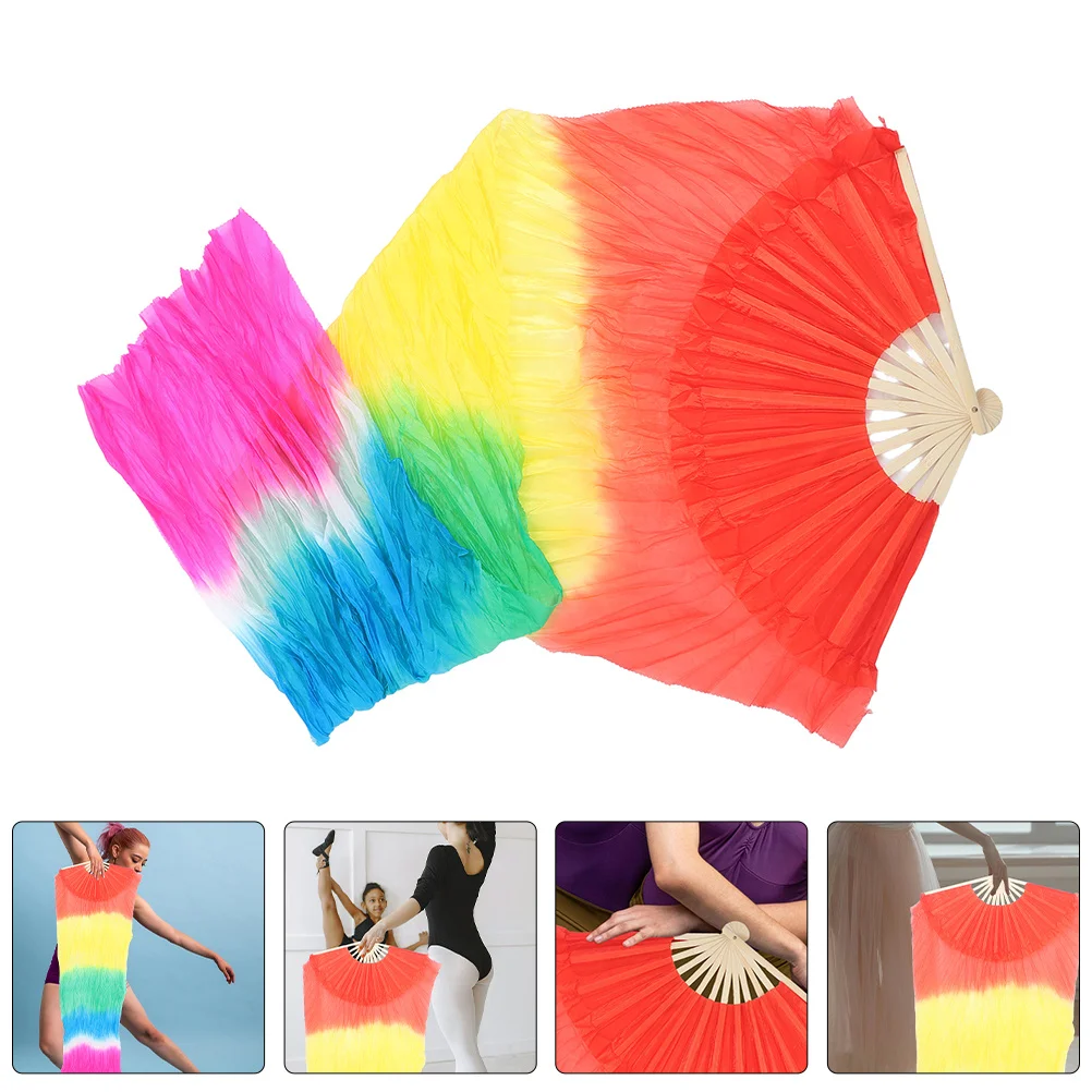 

Long Silk Belly Dancing Fan for Colorful Gradient Chinese Dance Prop Foldable Hand Fan for Stage Performance Fitness