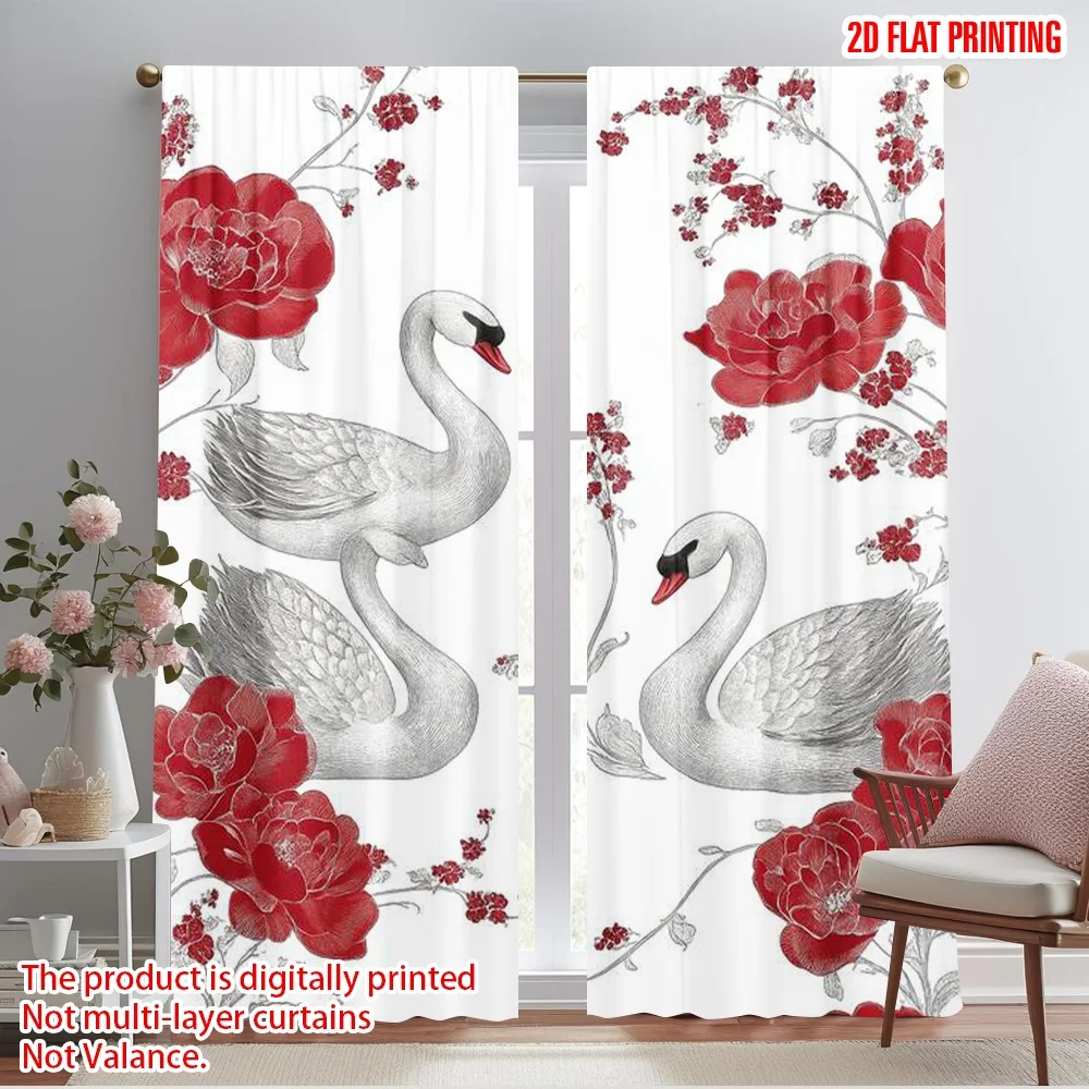 2pcs,2D plane printing Popular Curtains Swan Elegance Durable 100% Polyester Fabric (without rod) Versatile All Use for Living