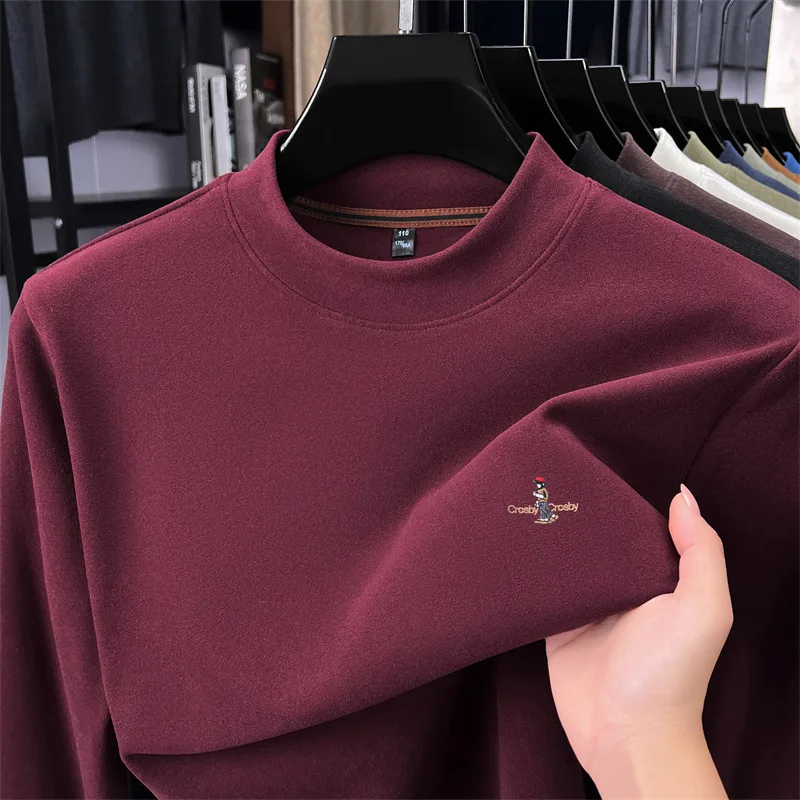 

Half High Collar Base Shirt Men's Autumn and Winter New Warm Long Sleeved T-shirt Embroidered Solid Color Inner Top