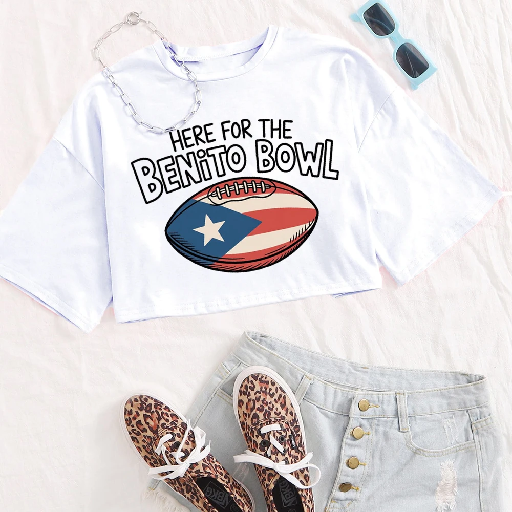 Here for the Benito Bowl Bad Bunny Shirt Women O-Neck Short Sleeves Crop Tops T-shirt