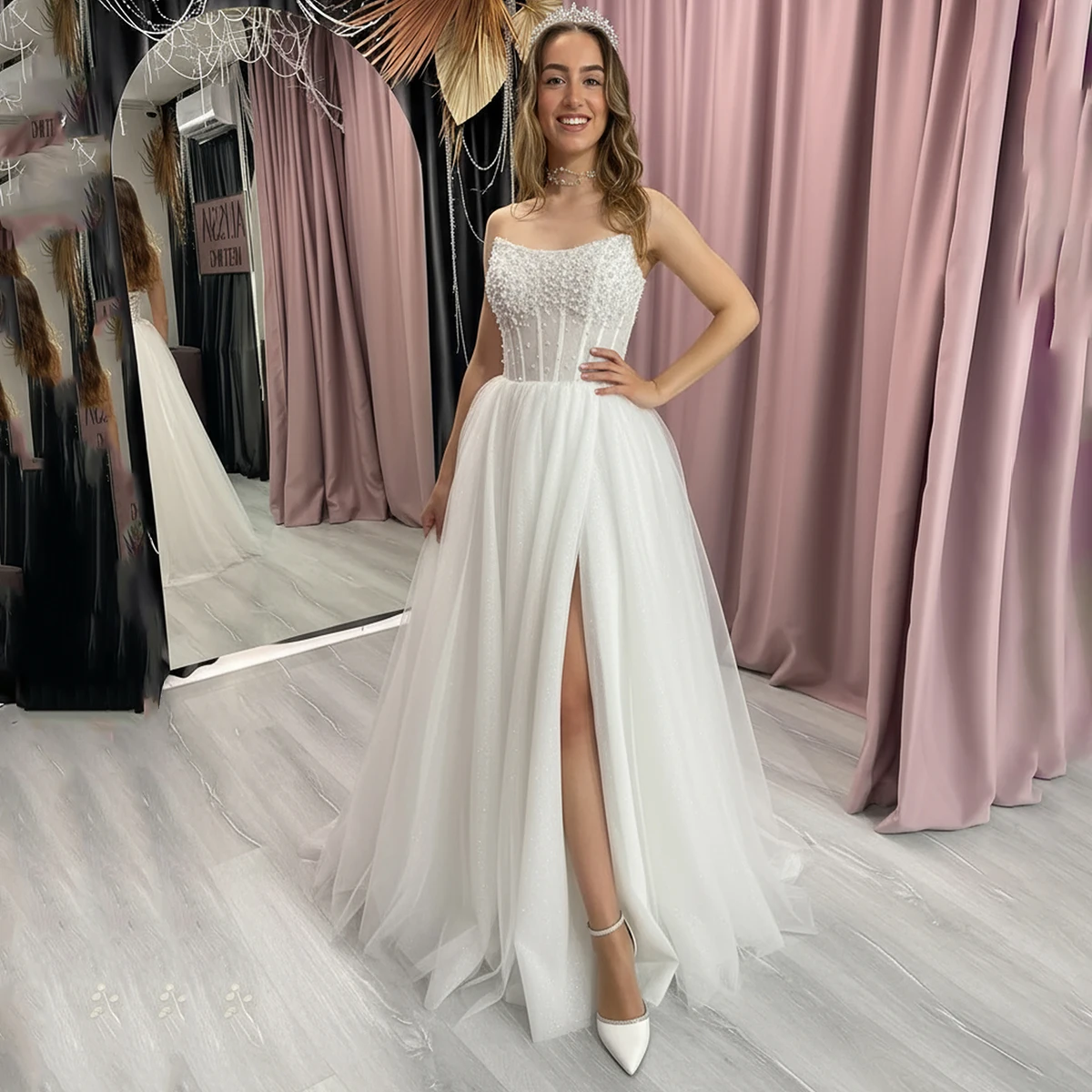 

Romantic Beaded Strapless Wedding Dresses High Slit A Line Puffy Bridal Party Gown For Bride Vestidos Novia Tulle Ball Gown