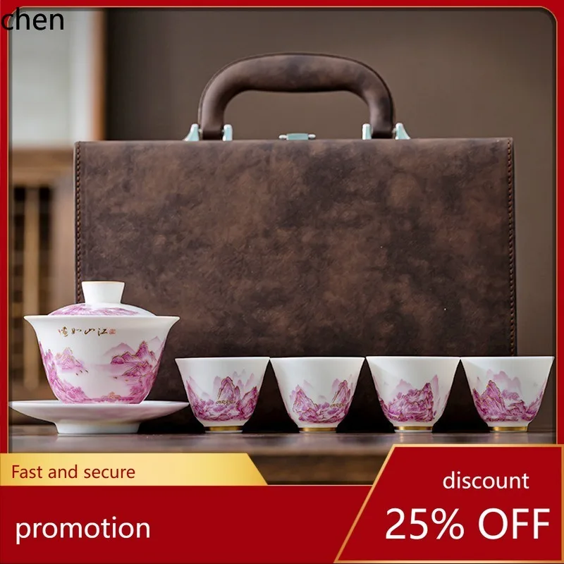 H1 unfired mutton fat jade porcelain covered bowl tea cup picturesque three-talented bowl kung fu tea set suit portable