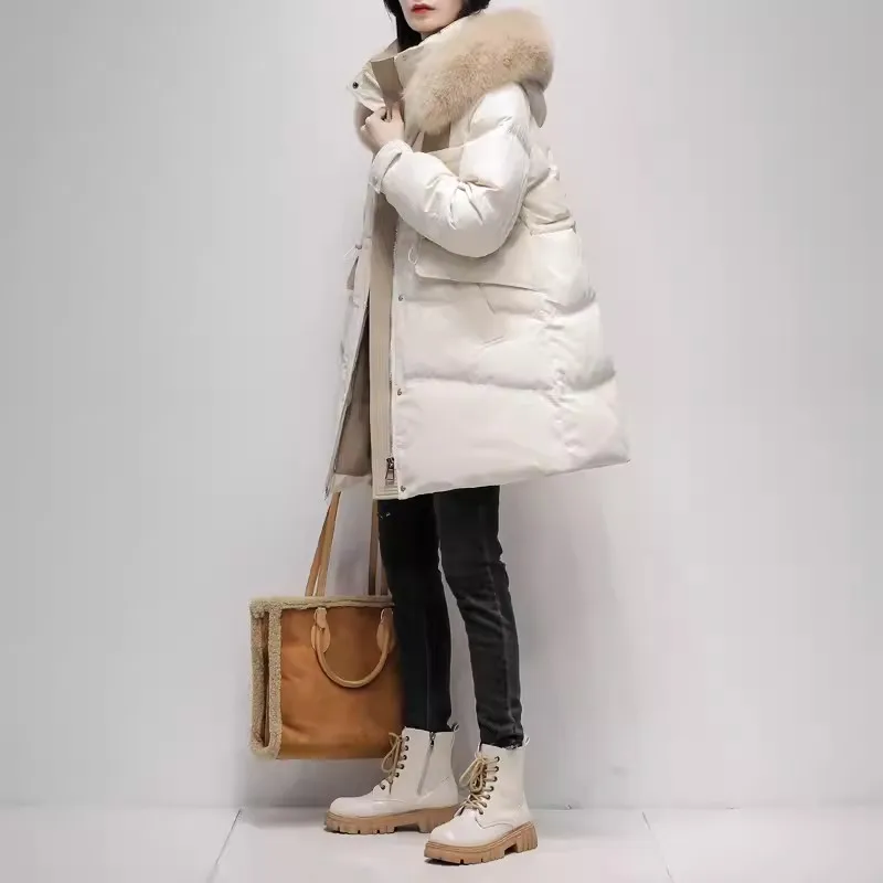 Winter Natural Fox Collar Hooded Down Jacket 2024 New Korean Fashion White Duck Down Thicken Coat Warm Female Parkas Overcoat