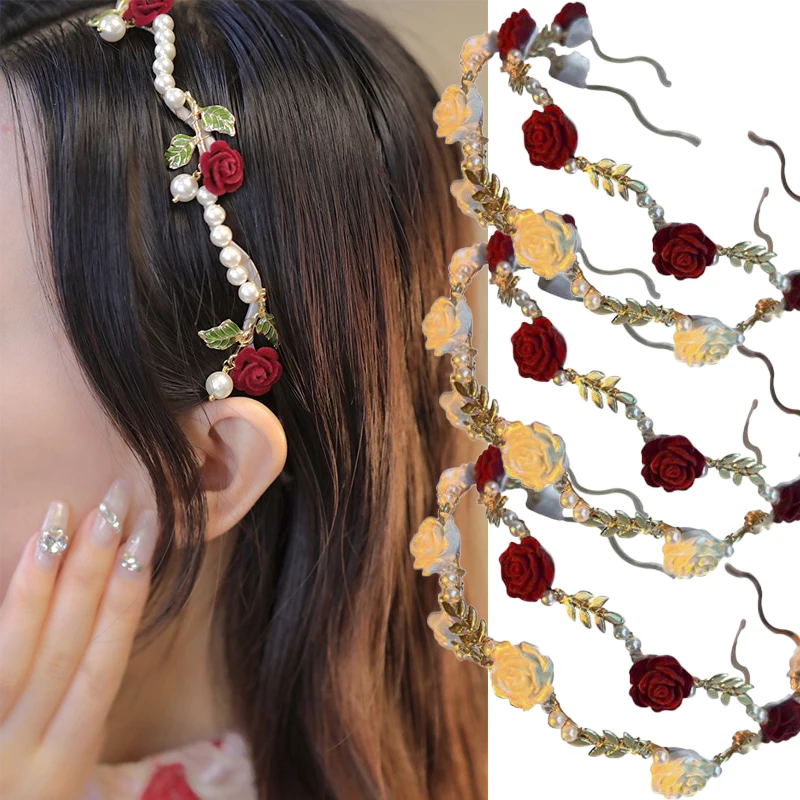 

Korean 2023 Rose Flower Romantic Pearl Headband for Women Hairhands Sweet Girl Lolita Bride Jewelry Wedding Hair Accessories