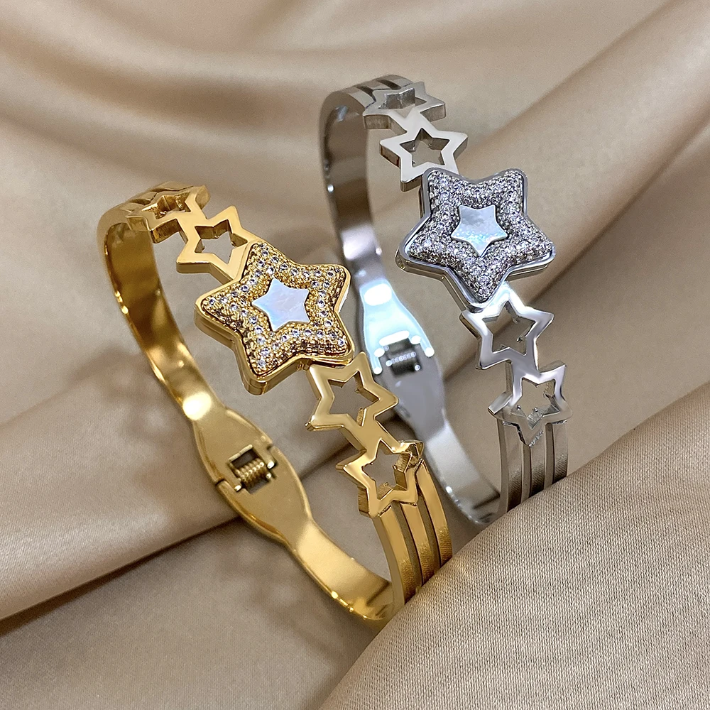 Brazalete de acero inoxidable con incrustaciones de diamantes de imitación de lujo, preciosa circonita sintética, forma de estrellas cuadradas ovaladas geométricas para mujer