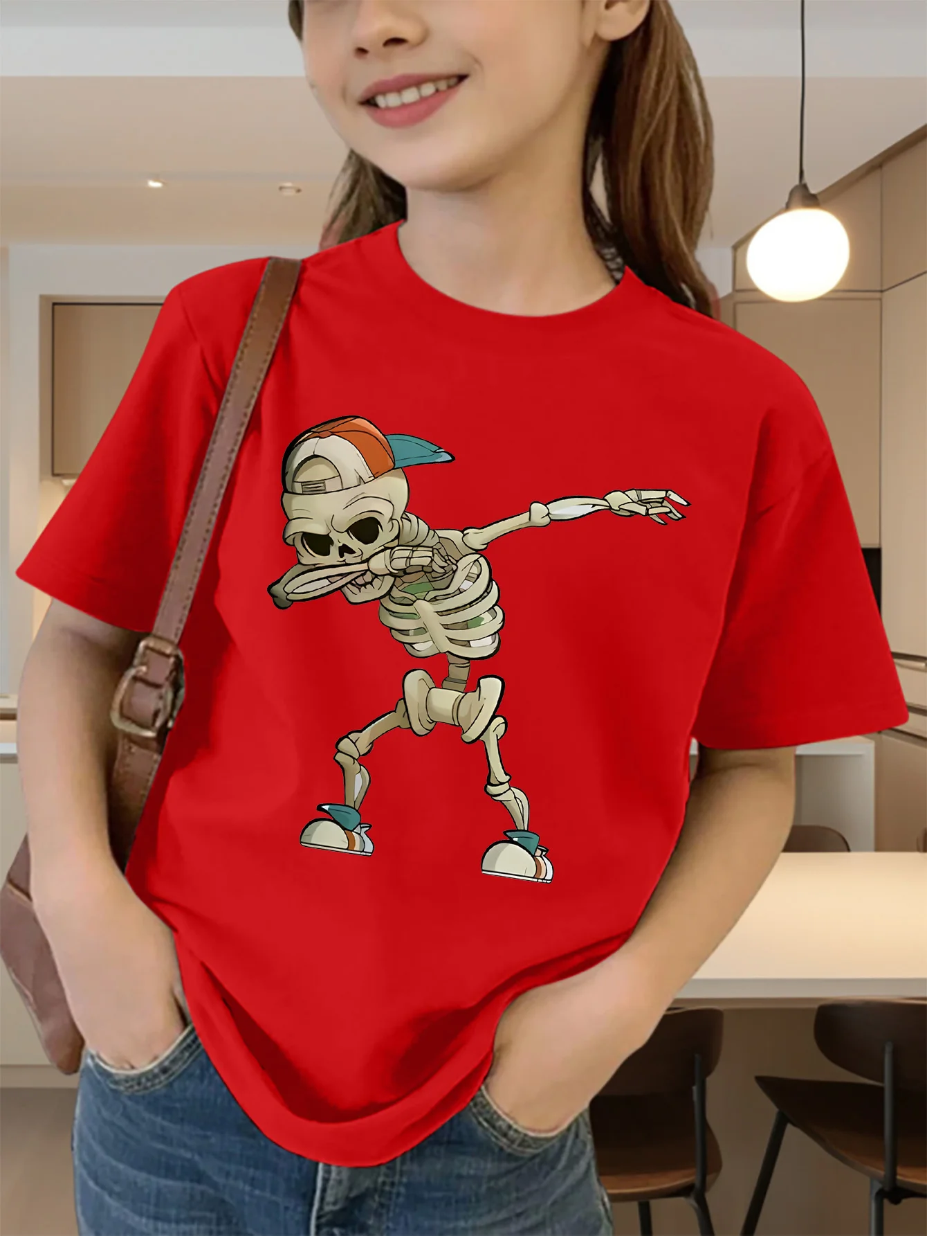 Cute Dabbing Skeleton With Cap Graphic Kids Tee Boys Girls Family Matching Cotton Crew Neck Short Sleeve Soft Summer Tee