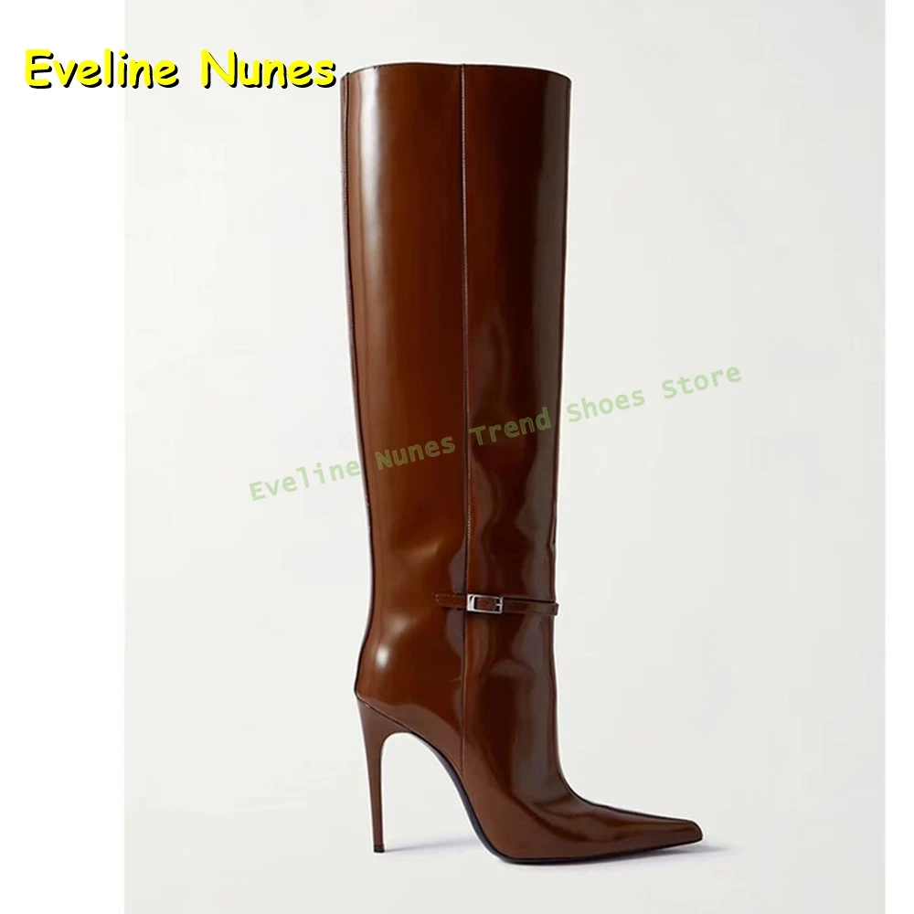 Brown Buckle Fashion Knee High Boots Pointed Toe Thin Heels Pull On Patent Leather Women Elegant Party Catwalk Shoes 2025 Trend