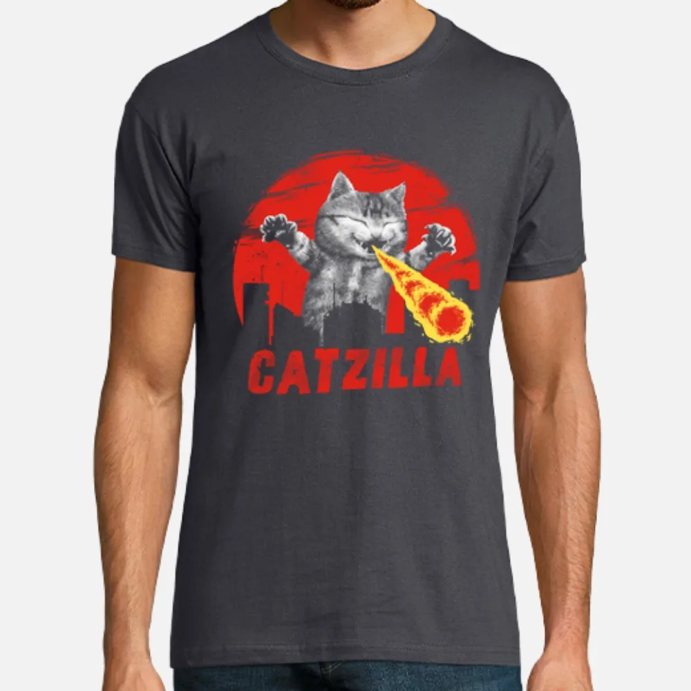 Vintage Men's Catzilla T-Shirt 100% Cotton Crew Neck Graphic Printing Y2k Top Fashion Band High Street 1969 Classic Hip Hop Tees