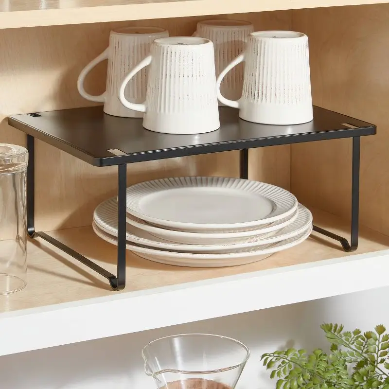 

Black Metal Stacking Shelf Organizer with Powder Coated Finish Space Saving Kitchen Storage Rack for Cabinets Countertops
