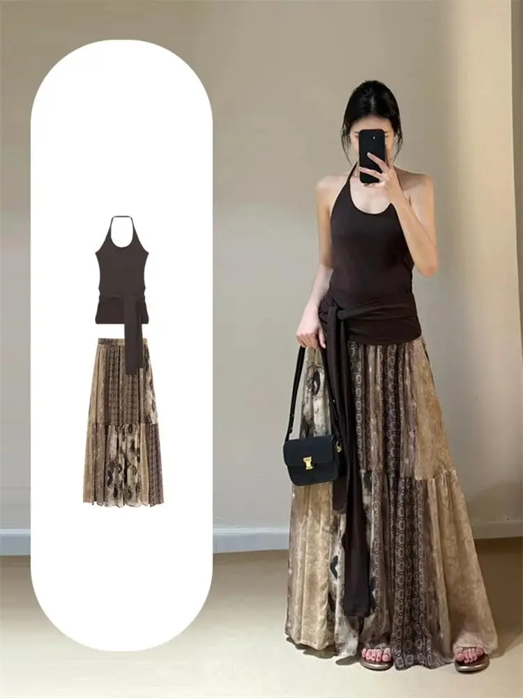 

Жилет в стиле ретро Ne с подвесным ремешком, женская летняя этническая юбка, комплект из двух предметов, юбка трапециевидной формы с высокой талией, повседневная одежда с принтом