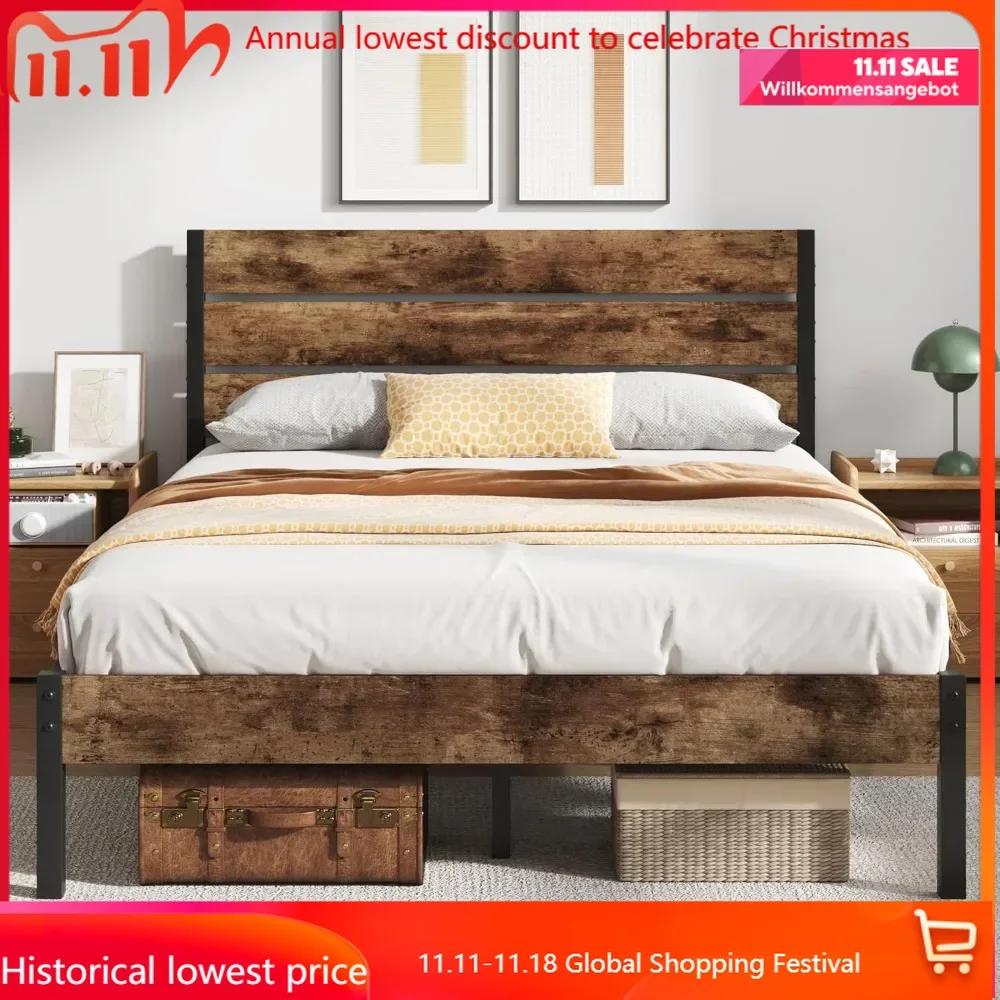 Marco de cama de matrimonio con cabecero de madera y reposapiés, cama de plataforma de Metal de 14 pulgadas, base de colchón, resorte sin caja Nee
