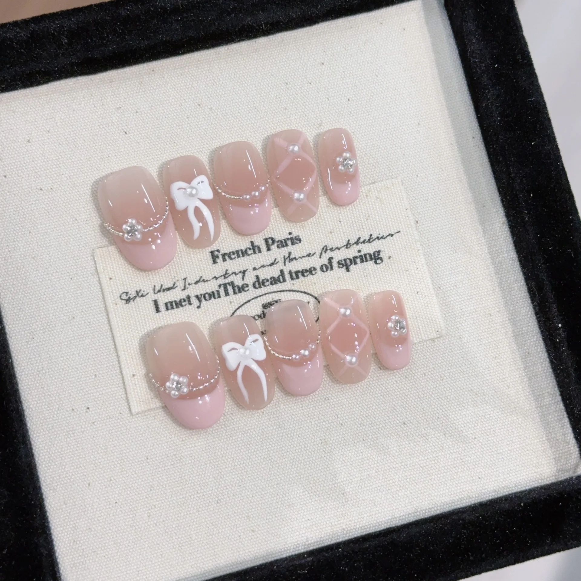 10 pezzi di balletto fatto a mano bianco francese rosa unghie finte bowknot perla stampa sulle unghie punte per unghie artificiali di mandorla