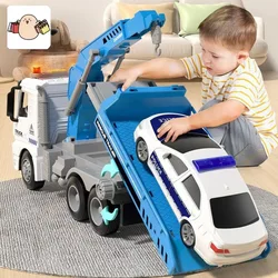 Caminhões grandes do brinquedo dos caminhões do reboque com gancho e carro para meninos, Puxe para trás brinquedos do caminhão com luz e som para crianças, 1:18